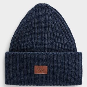 Simons navy blue ribbed pure recycled lambswool chunky tuque hat beanie NWT